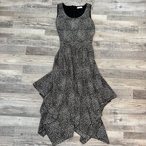 Seven Islands black animal print sleeveless handkerchief hem dress medium B4